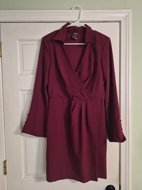Taylor Burgundy Long-Sleeve Wrap Dress with Collar